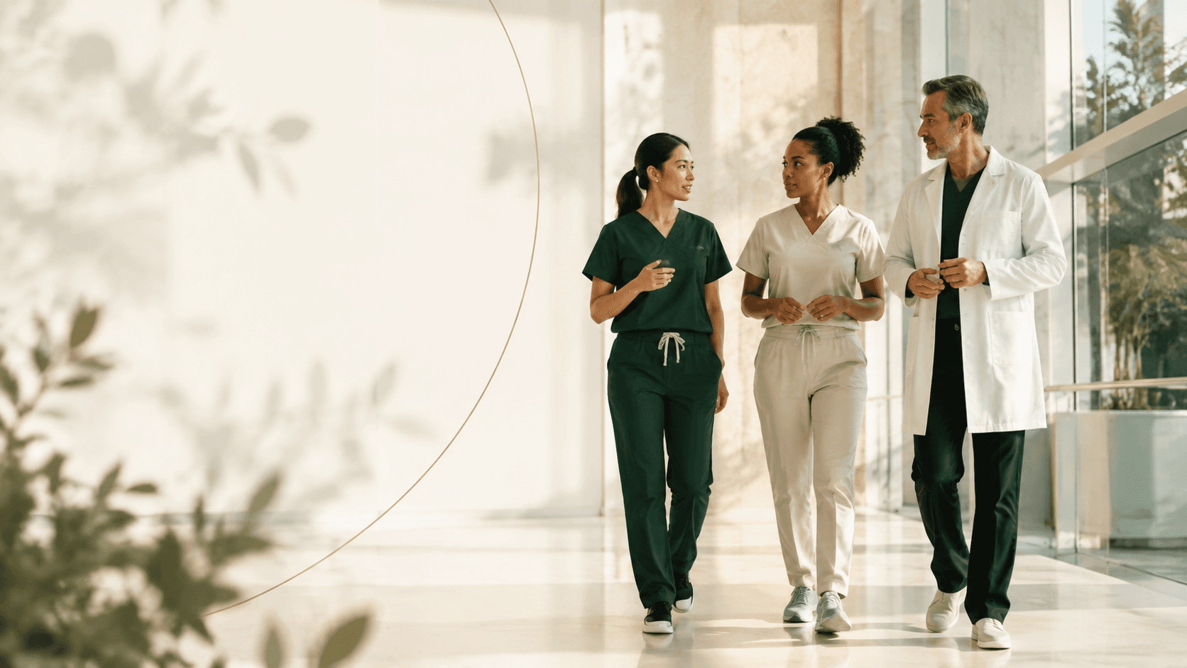 Equipo clínico caminando por el atrio de un hospital